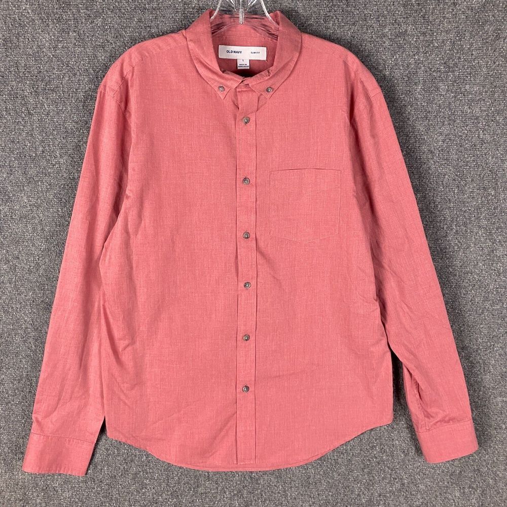 Old Navy Button Down Shirt Men's Large Slim Fit Red Long Sleeve Cotton Blend L